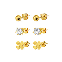 Conjunto de Brincos Dourados Bolinha, Brilho e Trevo com Zircónias em Aço Inoxidável Romanely