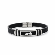 Pulseira Masculina em Couro Preto com Âncora em Aço Inoxidável Prateado Romanely