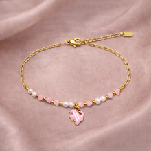 Pulseira Dourada com Peixe Branco e Rosa Fina em Aço Inoxidável Romanely