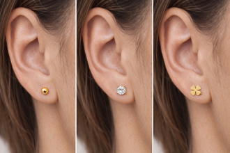 Conjunto de Brincos Dourados Bolinha, Brilho e Trevo com Zircónias em Aço Inoxidável Romanely