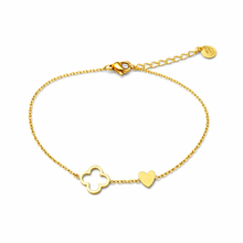 Pulseira Dourada Coração e Trevo Fina em Aço Inoxidável Romanely