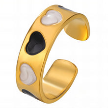 Anel Ajustável Dourado Corações Preto e Branco em Aço Inoxidável Romanely