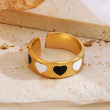 Anel Ajustável Dourado Corações Preto e Branco em Aço Inoxidável Romanely