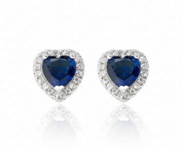 Brincos de Prata S925 Coração com Zircônias Azuis e Brancas Cravejadas Romanely