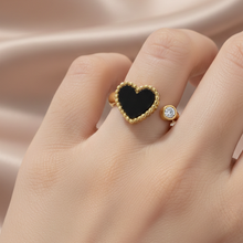 Anel Ajustável Dourado Coração Preto com Zircónia em Aço Inoxidável Romanely