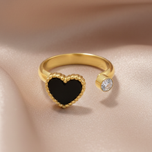Anel Ajustável Dourado Coração Preto com Zircónia em Aço Inoxidável Romanely