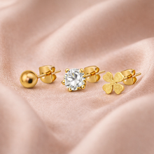 Conjunto de Brincos Dourados Bolinha, Brilho e Trevo com Zircónias em Aço Inoxidável Romanely