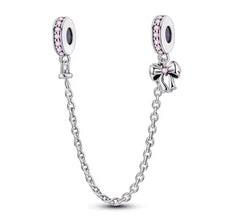 Pingente Encanto Corrente de Segurança Lacinho com Zircónias Rosas S925 Charm Romanely